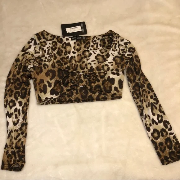 PrettyLittleThing Tan Leopard Slinky O Ring Long Sleeve Crop Top Size US-6 - Picture 11 of 14